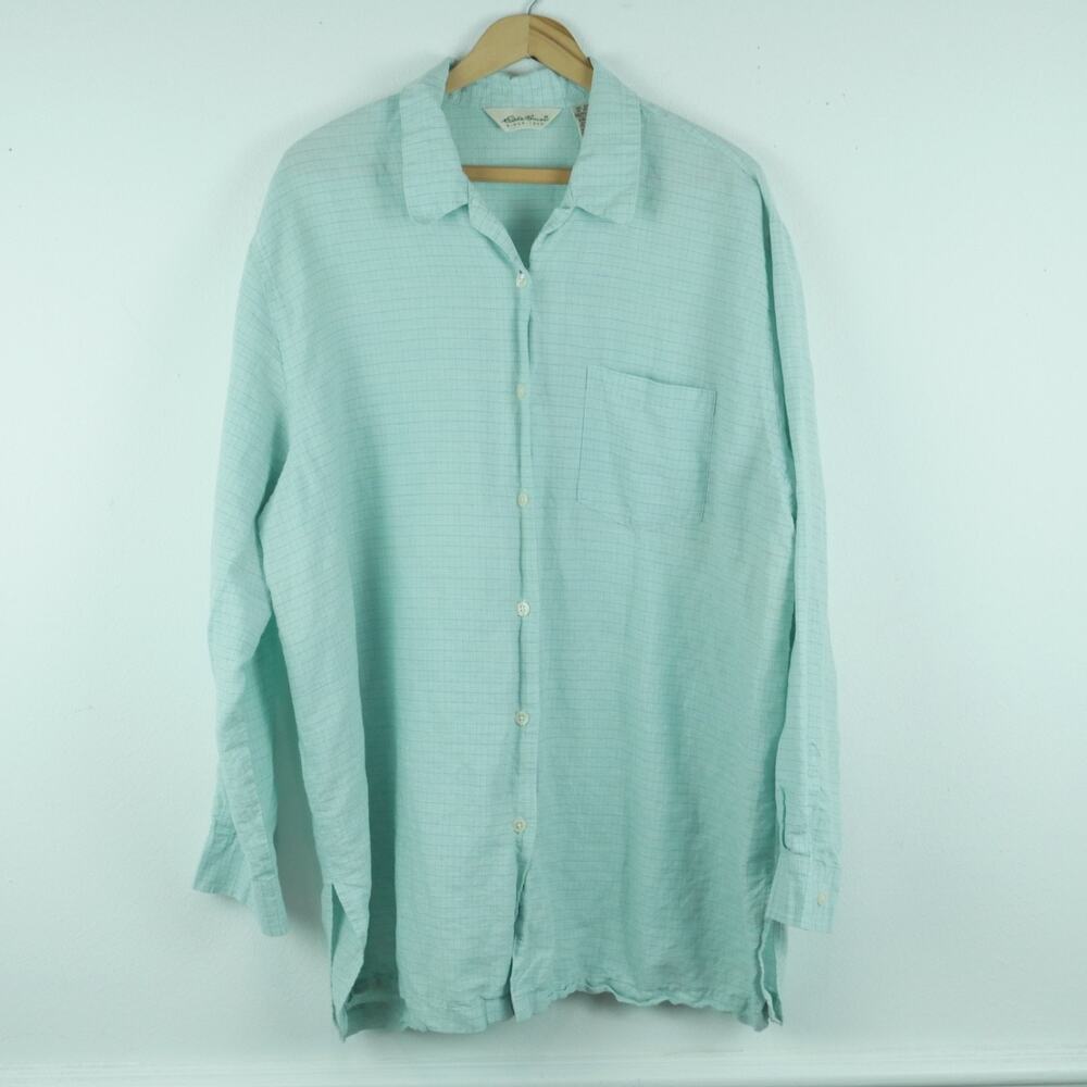 Eddie Bauer XXL Button Down Shirt‎ Pastel Blue Plaid Linen Blend Minimal Beachy